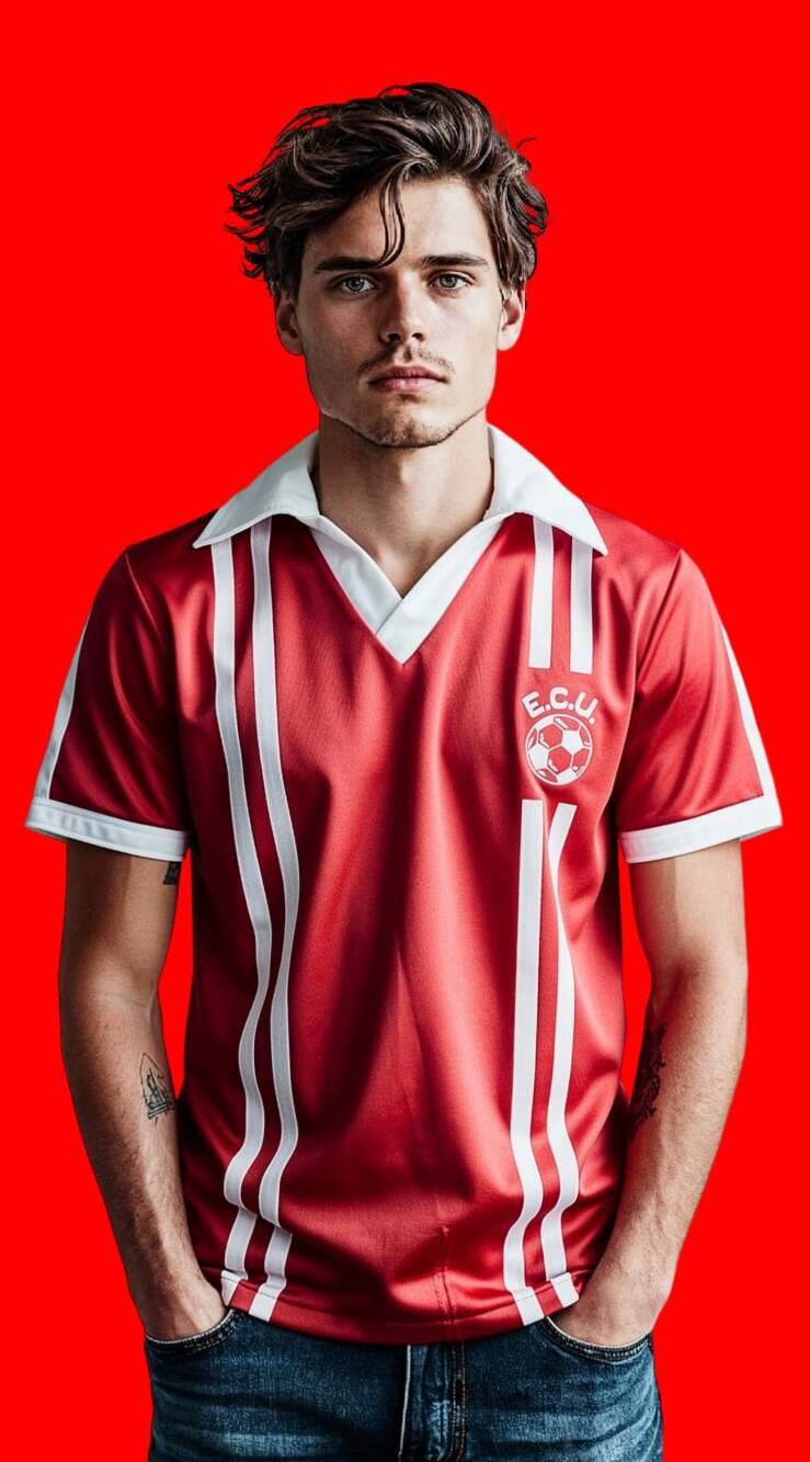 Vintage E.C.U. Soccer Jersey Red and White V-Neck Size S